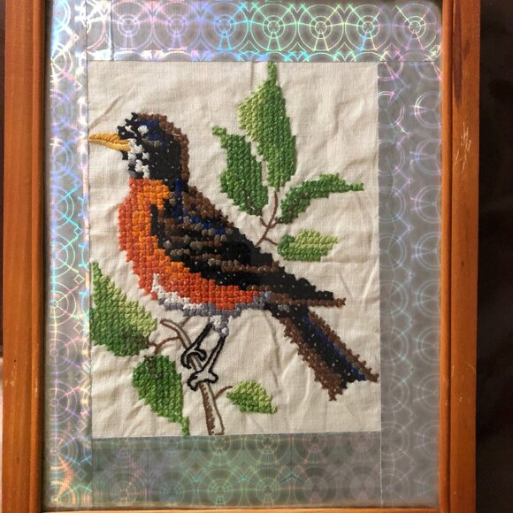 Framed needlework embroidery bird small wall decor - Picture 1 of 4